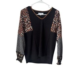 THML Mixed Media Leopard Patchwork Ribbed V-Neck Top Black Small Smocked Cuff